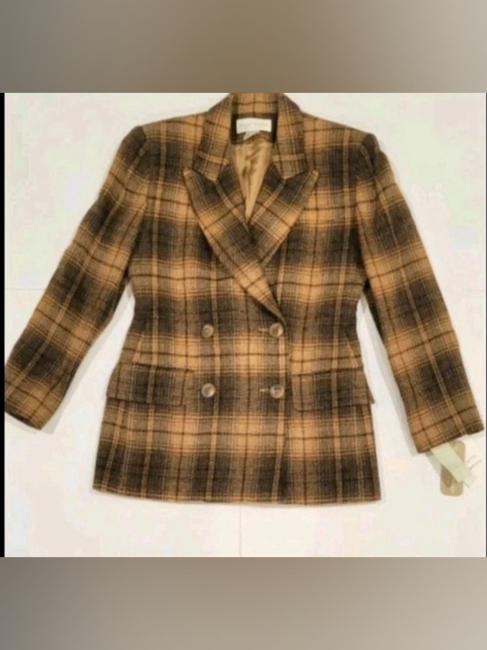 Casual Corner Plaid Double-Breasted Wool Blazer Brown 4P
